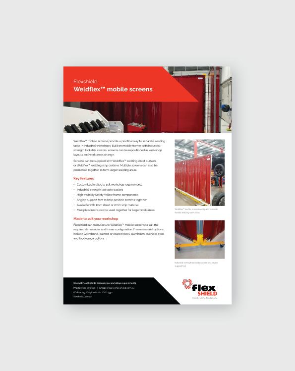 Flexshield Weldflex™ mobile screens brochure showing red welding screens on mobile frames used to separate welding work areas in an industrial workshop.