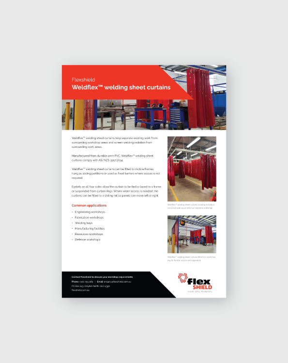 Flexshield Weldflex™ welding sheet curtains brochure showing red welding curtains separating individual welding work areas in an industrial workshop.