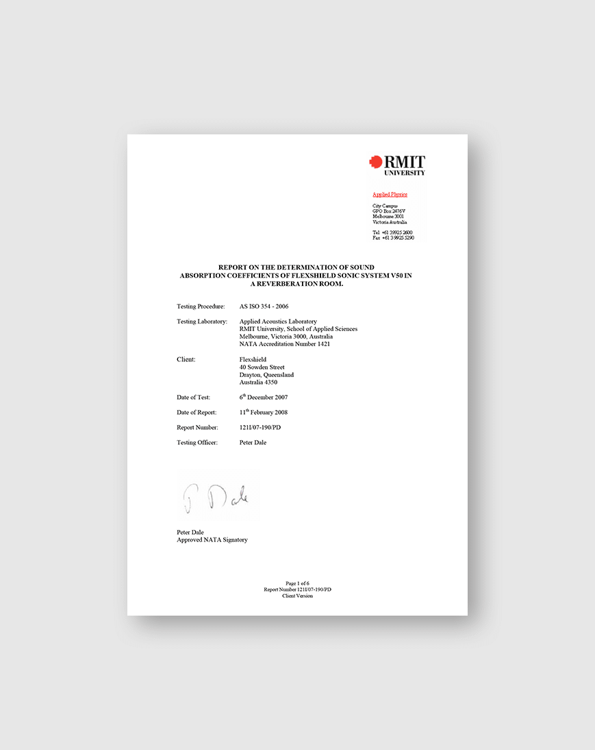 Cover image of the test results for V50 Sonic System Acoustic modular panel absorption