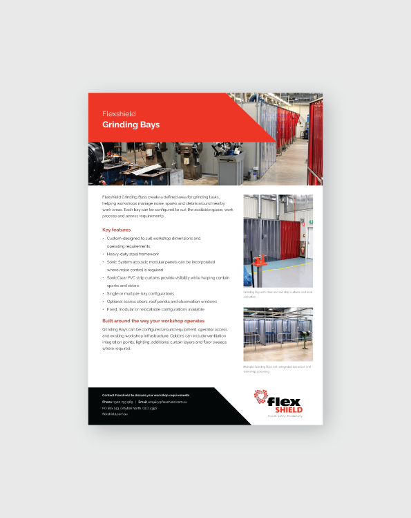 Flexshield Grinding Bays brochure featuring custom workshop grinding bay enclosures with clear and red PVC strip curtains.