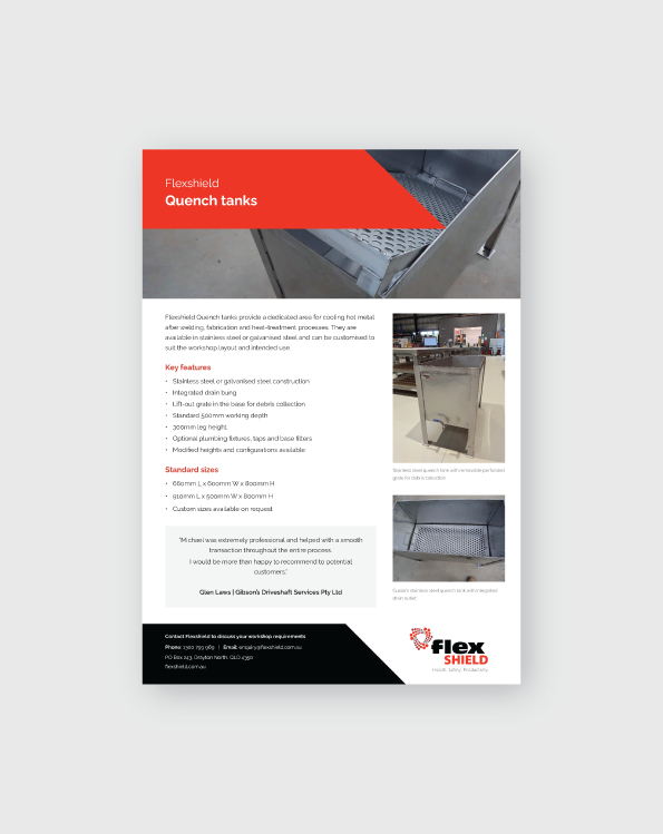 Flexshield quench tanks brochure showing stainless steel quench tanks with perforated trays for cooling hot metal in industrial workshop applications.