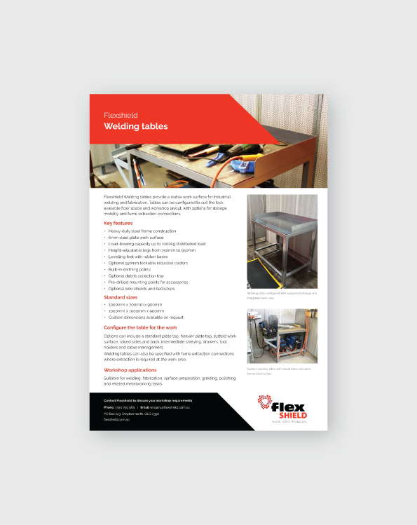 Flexshield welding tables brochure showing heavy-duty steel welding tables for industrial workshop fabrication and welding tasks.