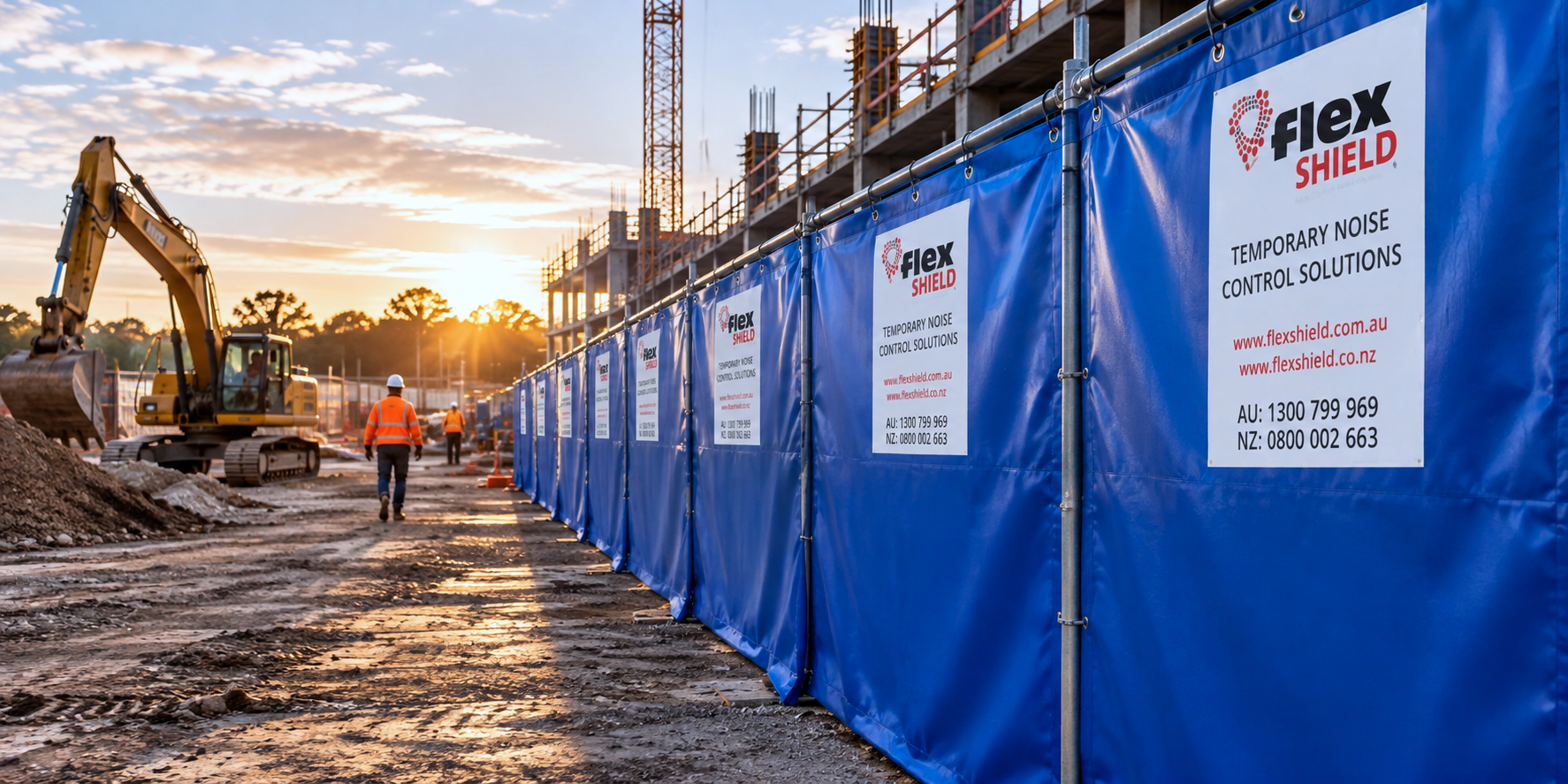 Flexshield blue Sonic Acoustic Curtains installed along a construction site, helping manage construction noise near workers and heavy machinery.