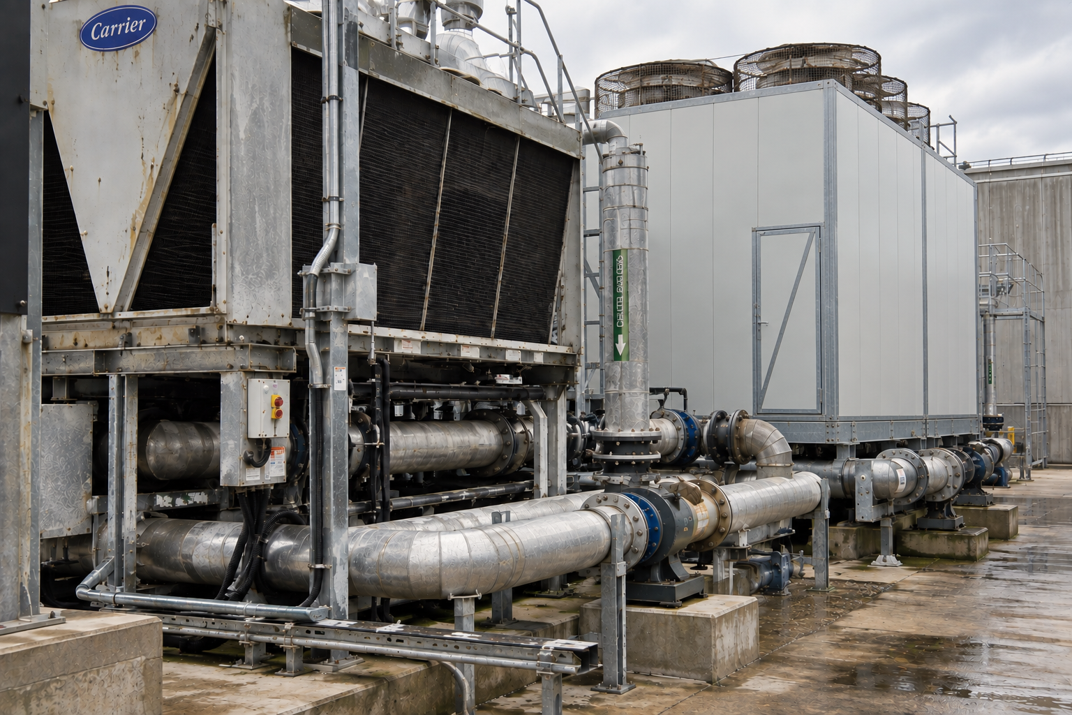 Sonic System acoustic modular panel enclosure installed around industrial plant equipment, with access door and open top for ventilation.