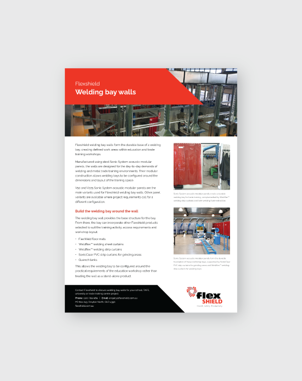 Flexshield welding bay walls flyer for education and trade training workshops