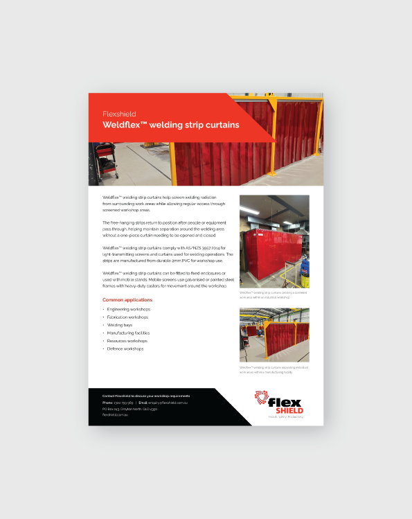 Flexshield Weldflex™ welding strip curtains brochure showing red welding strip curtains used to screen and separate welding work areas in an industrial workshop.