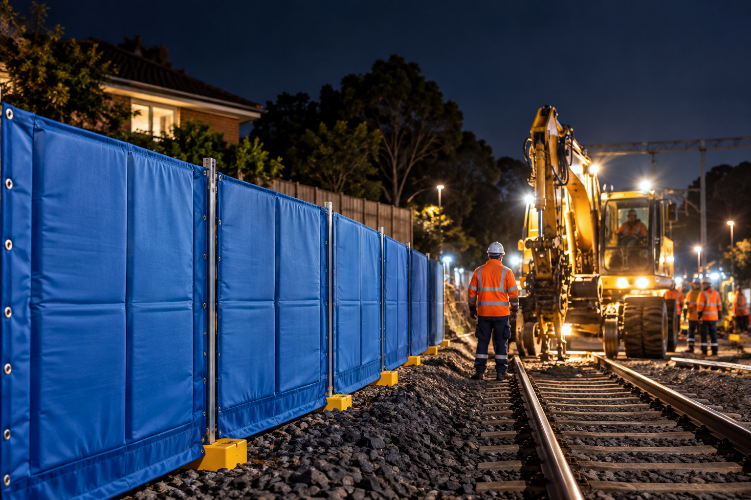 Blue Sonic acoustic curtains installed beside railway tracks during night works, with construction machinery and workers operating nearby.