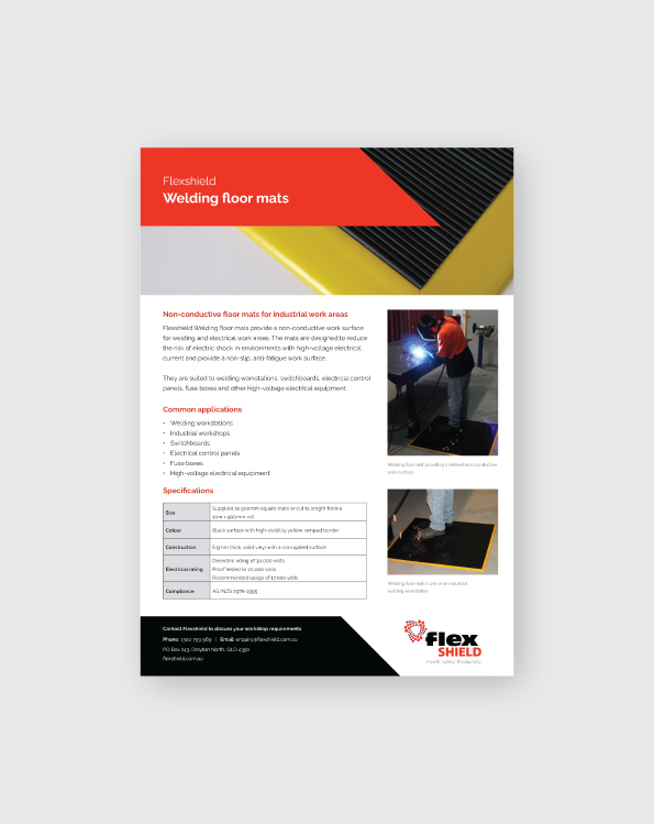 Flexshield FlexWeld floor mats brochure showing non-conductive welding floor mats used in industrial welding work areas.