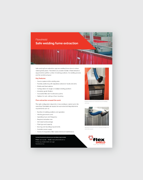 Flexshield safe welding fume extraction brochure showing local extraction arms positioned over welding work areas in an industrial workshop.