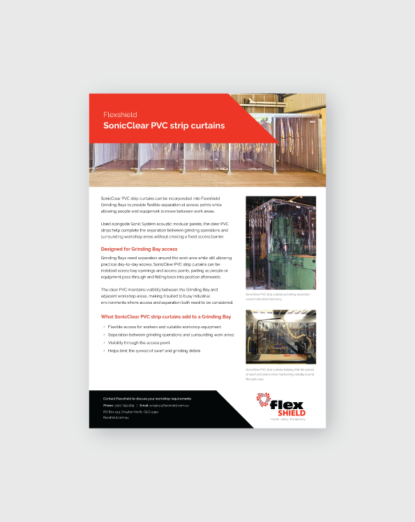Flexshield SonicClear PVC strip curtains brochure showing clear strip curtains used with Grinding Bays to separate industrial workshop work areas while maintaining visibility.