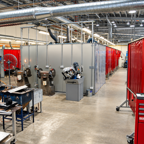 Flexshield welding and grinding bays with SonicClear and Weldflex™ strip curtains, Sonic System acoustic modular panels and fume extraction.