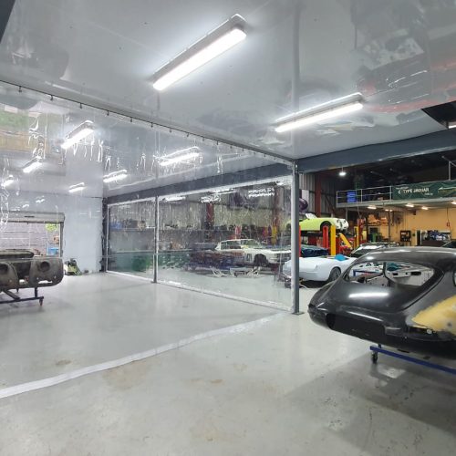 Flexshield Dust Control Screen in a car refurbishing facility