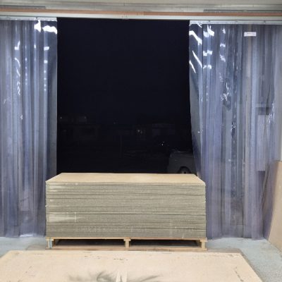 SonicClear PVC strip curtain with dual sliding panels for full 5000mm-wide opening access.