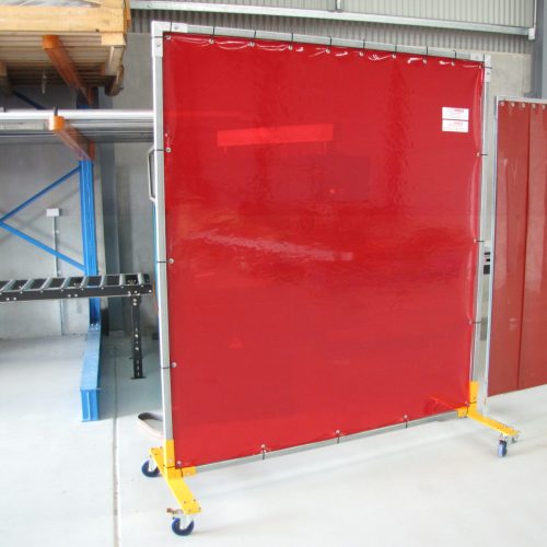 Weldflex™ mobile screen with red welding sheet material and lockable castors